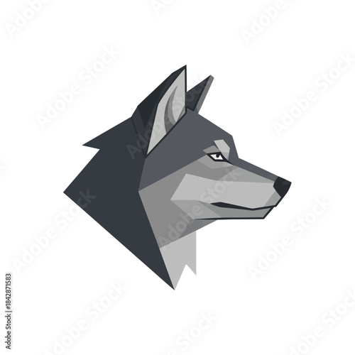 Stylized geometric grey wolf head in profile illustration with sharp angles.