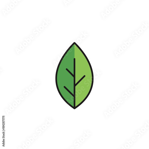 A simple green leaf icon with black outline and two prominent veins on a white background.