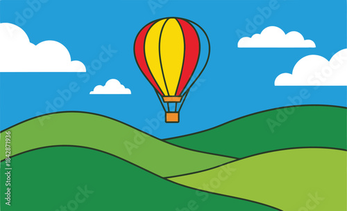 Colorful hot air balloon ascends over rolling green hills under a bright blue sky with fluffy clouds isolated on white background