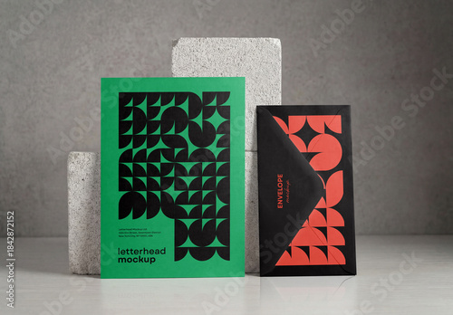 Template Mockup Letterhead and Envelope Branding Set on Stone Background