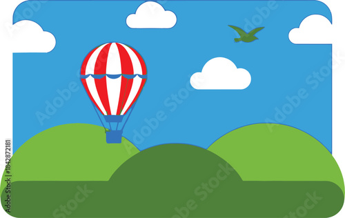 Whimsical hot air balloon adventure amidst green hills and puffy clouds under a bright blue sky with a small bird soaring above isolated on white background