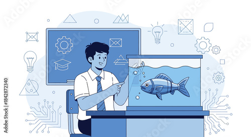 Illustration of a curious student presenting a fish in an aquarium with learning symbols background