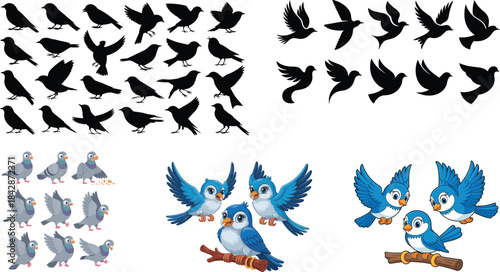 Collection of bird silhouettes and cartoon birds