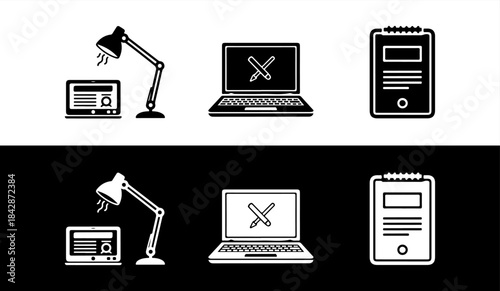 Collection of computer and office icons in black and white
