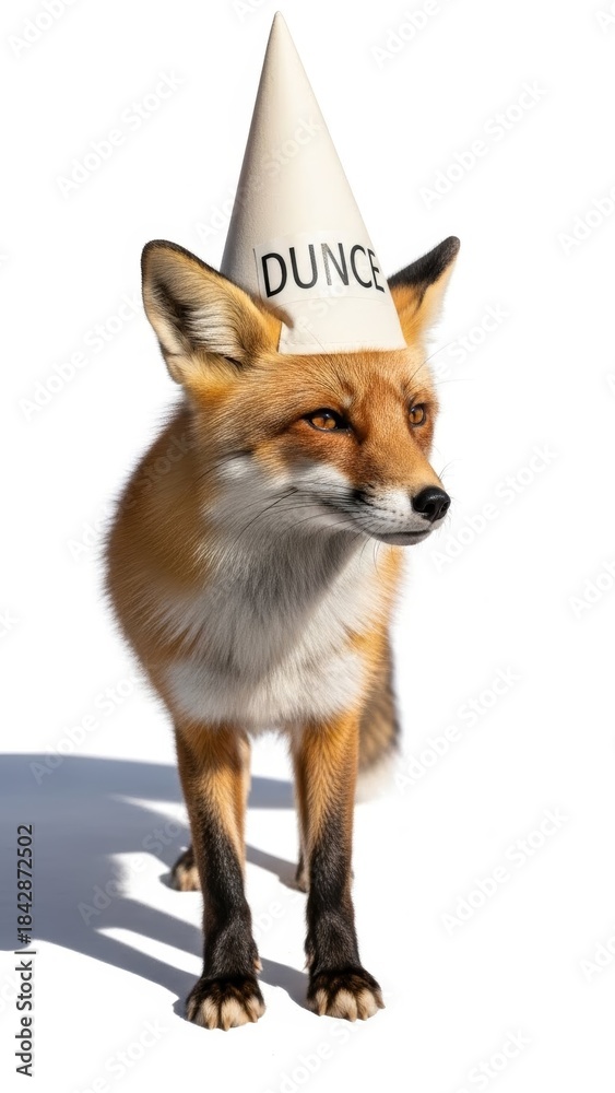 Obraz premium fox wearing a dunce cap hat, dim, dumb, stupid, on a white background, animal photo