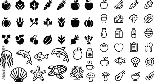 Collection of food and ocean life icons silhouette