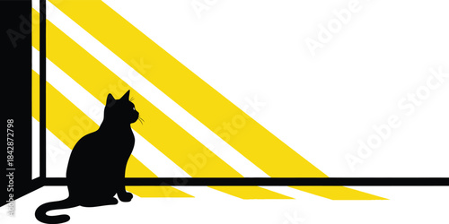Silhouette of a black cat sitting by a window bathed in bright yellow sunbeams with shadow patterns and a white wall background. isolated on white background