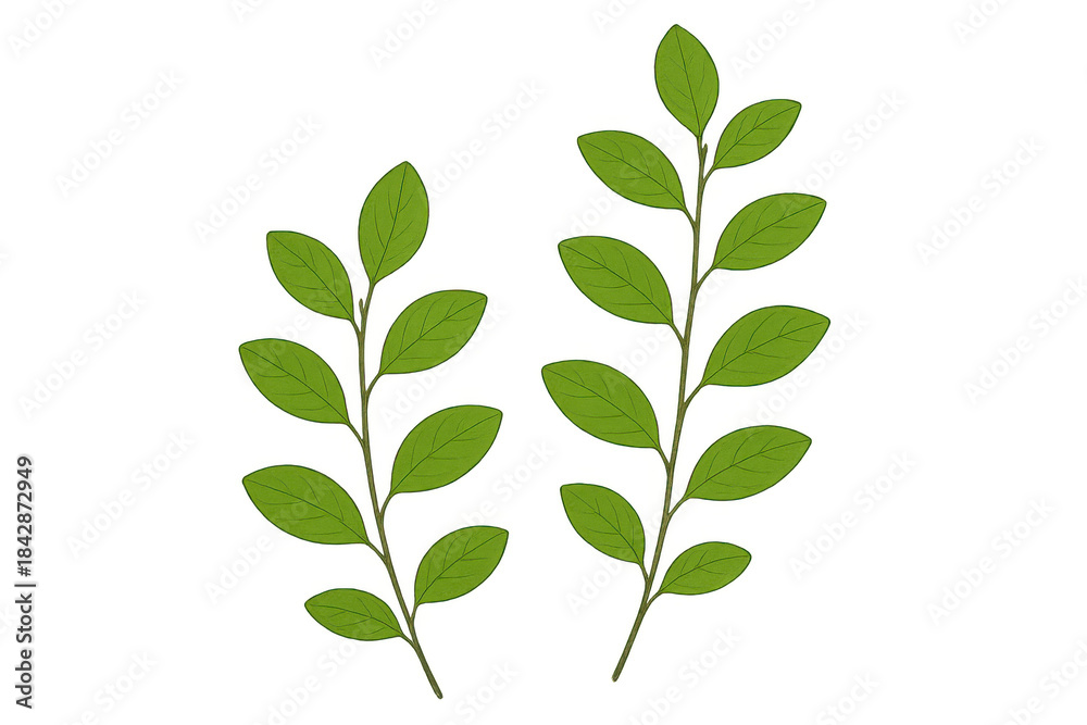 Obraz premium Green leaves illustration on branches, fresh foliage sprig, natural botanical element with transparent background