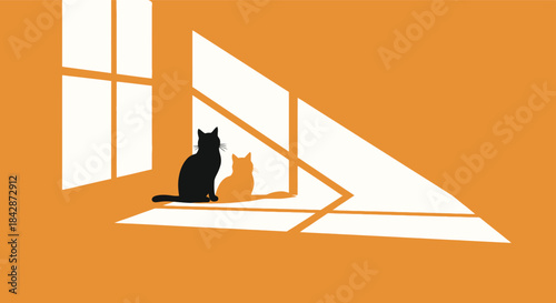 Silhouette of a black cat sitting on a windowsill bathed in warm sunlight casting geometric shadows on an orange wall providing a serene and peaceful domestic scene isolated on white background