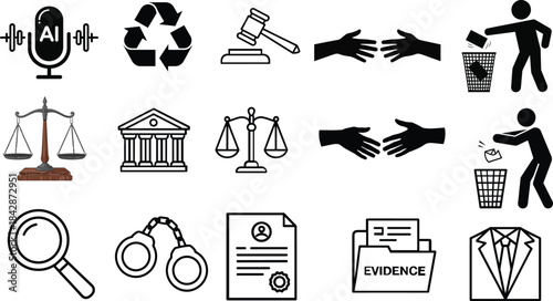 Law and justice icons silhouette