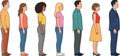 Diverse Group of People Standing in Line Waiting Queue Side View Vector Illustration Isolated on White Background