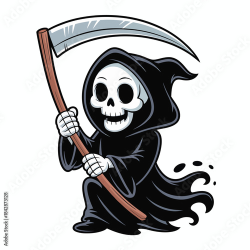 Cartoon Grim Reaper Character Holding a Scythe with a Friendly Smile death skeleton