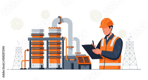 Illustration of industrial worker inspecting facility, highlighting safety and maintenance