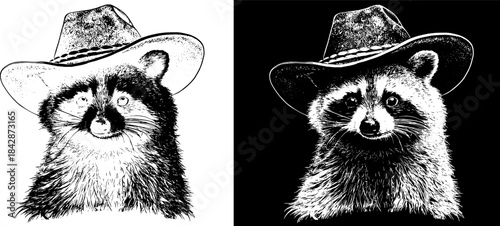 Vintage Raccoon Engraving with Cowboy Hat, Inverted Black White Xerography Vector for Laser Engraving on Dark Background