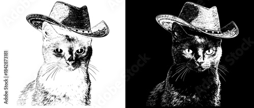 Vintage Cat Engraving with Cowboy Hat, Inverted Black White Xerography Vector for Laser Engraving on Dark Background