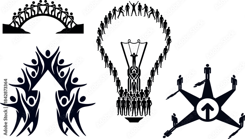 Fototapeta premium Teamwork and Collaboration Silhouette Set: Unity, Bridge, Idea Lightbulb, and Leadership Star