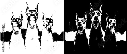 Vintage Doberman Dogs Engraving, Inverted Black White Xerography Vector for Laser Engraving on Dark Background