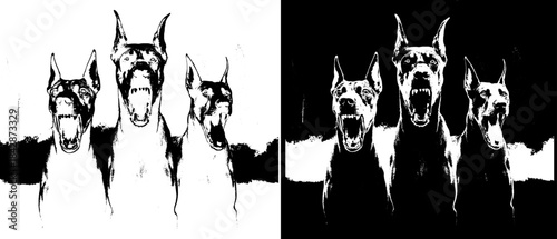 Vintage Doberman Dogs Engraving, Inverted Black White Xerography Vector for Laser Engraving on Dark Background
