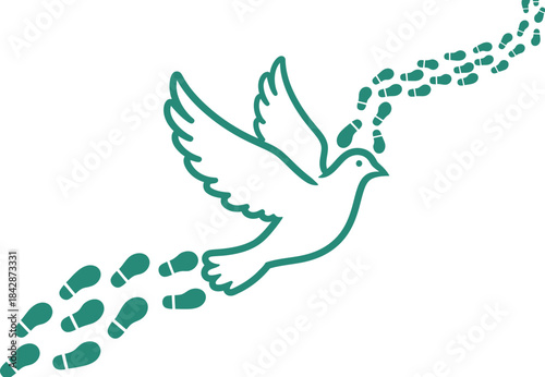 Symbolic dove of peace flying with footprints trail suggesting journey and hope isolated on white background