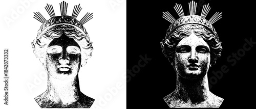 Classical Female Statue Engraving with Halo, Inverted Black White Xerography Vector for Laser Engraving on Dark Background