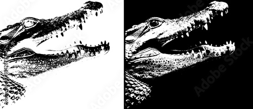 Vintage Crocodile Engraving, Inverted Black White Xerography Vector for Laser Engraving on Dark Background
