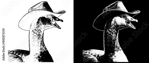 Vintage Goose Engraving with Cowboy Hat, Inverted Black White Xerography Vector for Laser Engraving on Dark Background