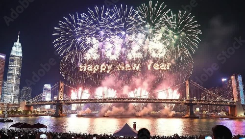 Spectacular golden fireworks illuminate the night sky over a grand suspension bridge and urban skyline vibrant reflections dance on the water observed by a thrilled crowd enjoying the festive display
