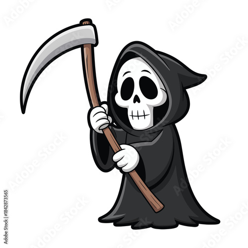Cute Cartoon Grim Reaper Character with Scythe on White Background death skeleton