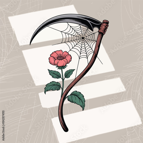 Grim reaper scythe with a blooming rose and spiderweb on a textured background death mortality