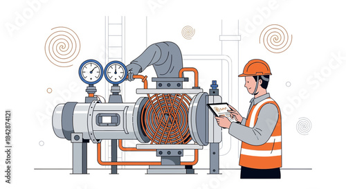 Illustrative depiction of industrial inspection with automated diagnostics using digital tablet