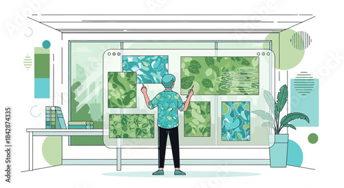 Illustrative presentation of a designer evaluating nature-inspired patterns in a studio environment