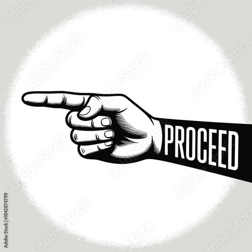 Hand Pointing Finger With Text Proceed Against Light Background gesture direction