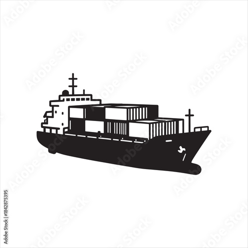 Black and white ship illustration on transparent background