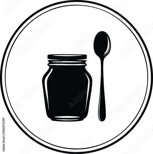 Black and White Illustration of a Jar with Spoon, minimalist logo for food