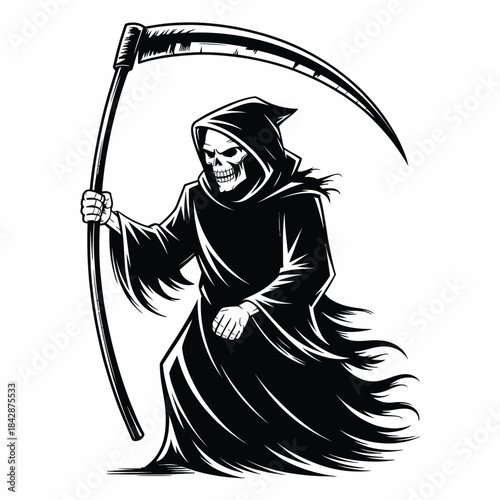 Stylized Black and White Illustration of the Grim Reaper with a Scythe death skeleton