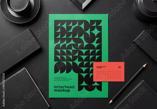 Template Mockup Letterhead and Business Card Branding on Black Workspace