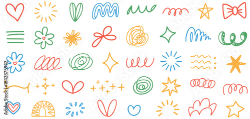 Collection of Hand Drawn Doodle Icons Hearts Stars Flowers Bows Swirls and Sunbursts Keywords: doodle, icon, hand drawn, set, collection, hearts