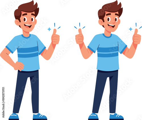 Happy young man giving thumbs up gesture, approval, success, positive sign, satisfied student, flat vector illustration set.