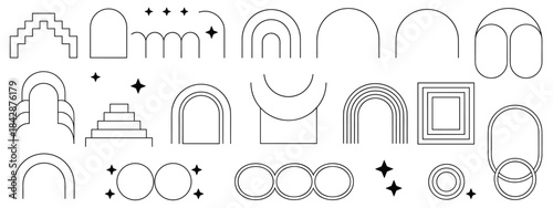 Collection of Minimalist Geometric Shapes and Arches in Black Outline Keywords: geometric shapes, abstract, minimalist, line art, outline, arch