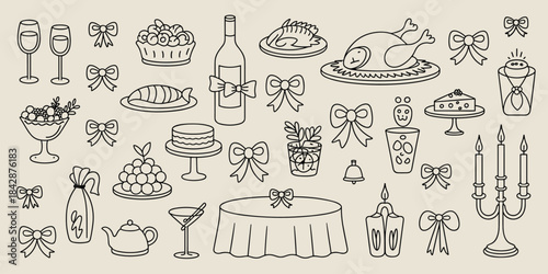 Hand- Drawn Doodle Elements of a Festive Dinner Party Spread Keywords: dinner party, food, drink, celebration, festive, doodles, hand-drawn