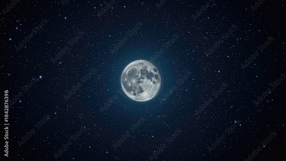 Obraz premium Moon in night sky amidst stars. Space, astronomy, celestial body. Nature and cosmos. The concept of lunar observation and space exploration.
