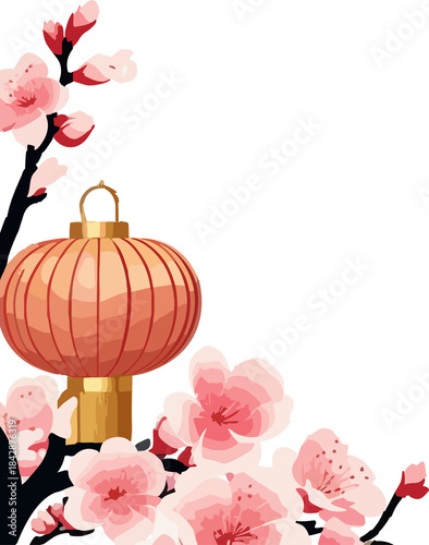 A flat vector illustration of a warm orange Chinese lantern surrounded by soft pink cherry blossoms against a black background, creating a calm festive Asian atmosphere.