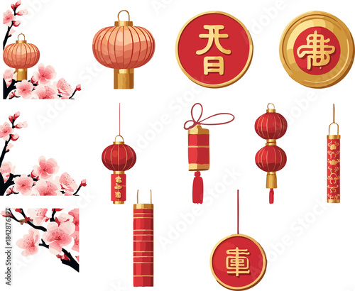 A festive flat illustration set featuring Chinese New Year lanterns, coins with lucky symbols, firecrackers, and cherry blossom branches arranged