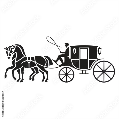 Elegant black silhouette of a vintage horse-drawn carriage with a driver, depicting a classic mode of transport and luxury travel from historical times