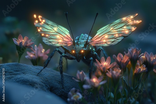 alien insectoid with glowing wings resting on alien flowers