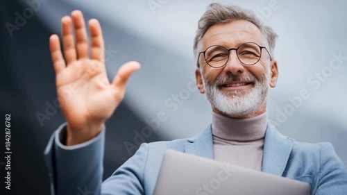 A Friendly Greeting: An attractive, experienced gentleman with a warm smile and outstretched hand, conveying an amicable greeting, stands near a modern building.