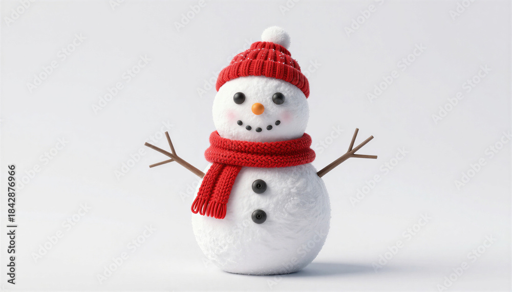 Fototapeta premium A cheerful snowman wearing a red knit hat and scarf, In What Style: Clean 3D render with soft studio lighting, In What Colors: Bright red, pure white and warm brown against seamless white background, 