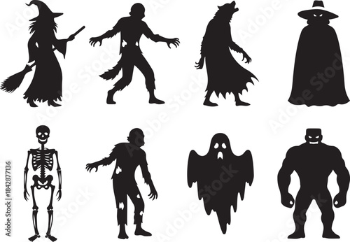Halloween Silhouettes Of Spooky Creatures And Characters witch broom