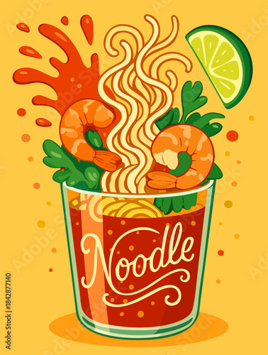 Instant noodles with shrimps and tomato sauce. Vibrant vector illustration