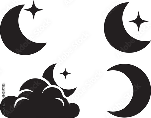 Set of black crescent moon and star icons with cloud on white background night